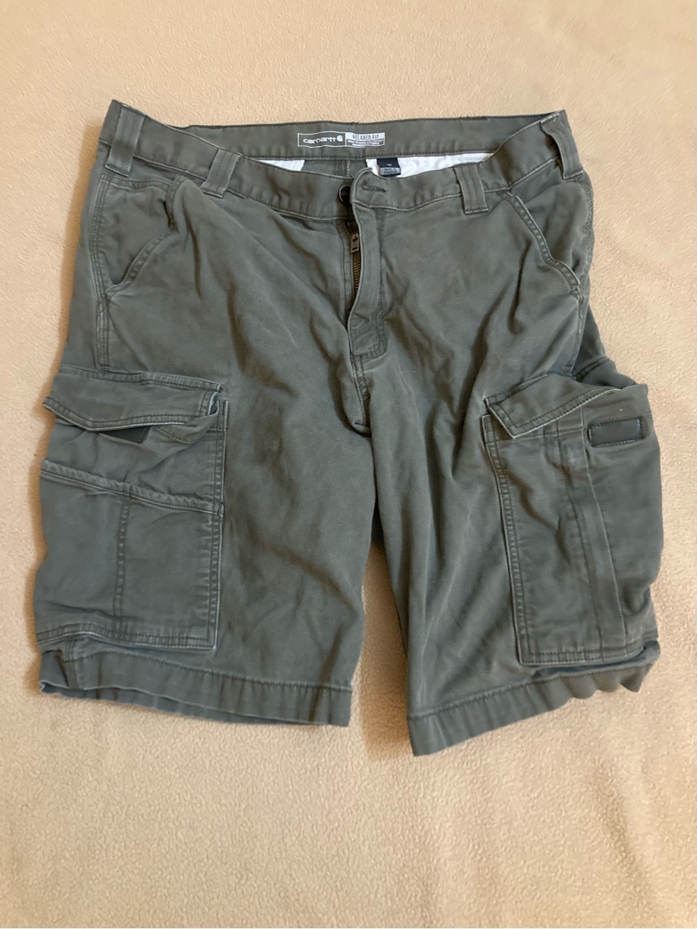 Carhartt Men's 36 Relaxed Fit Green Cotton Canvas Cargo Shorts Zip Pockets Logo